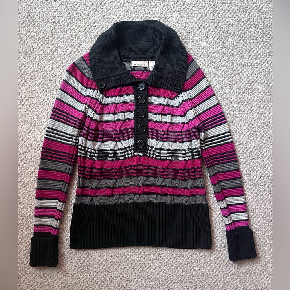 RARE VINTAGE DKNY‎ Jeans 90s Y2K Pink and Gray Striped Cable Knit Sweater